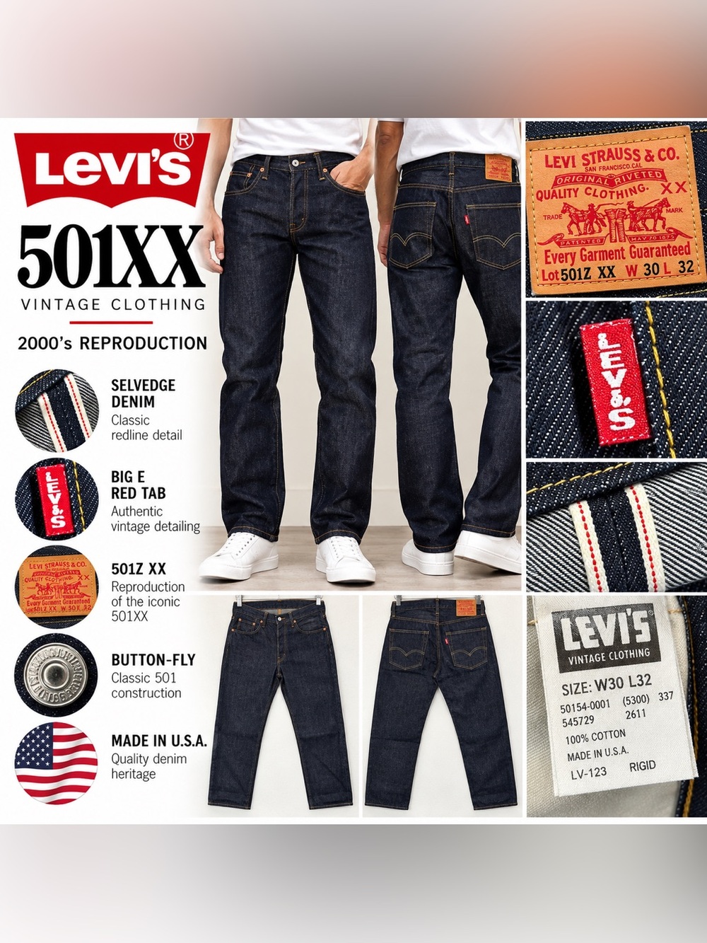 Levi’s Vintage Clothing 501XX Big E Selvedge Jeans W30 L32 Made in USA